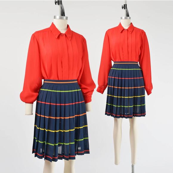Vintage Tops - Vintage 80s Red Pleated Blouse Semi Sheer Top Collared Button Down Blouse M
